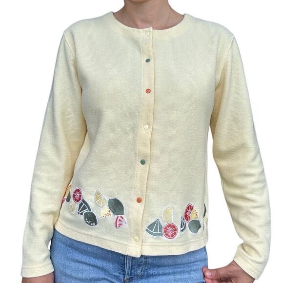 New Christopher & Banks Yellow Embroidered Citric Fruits Cardigan Sweater Size S - Picture 1 of 9